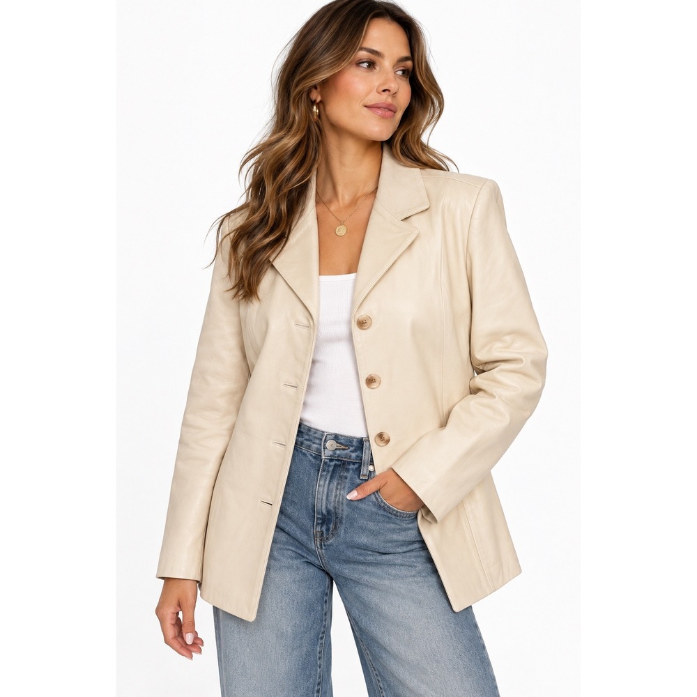 Chadwicks Vintage Cream Leather Blazer Jacket XL Y2K Car Coat Ivory Button Front